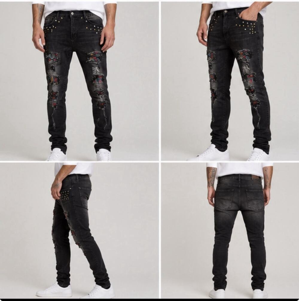 Waimea Mens 36 Black Skinny Distressed Jeans Stacked Moto Rhinestone Stretch